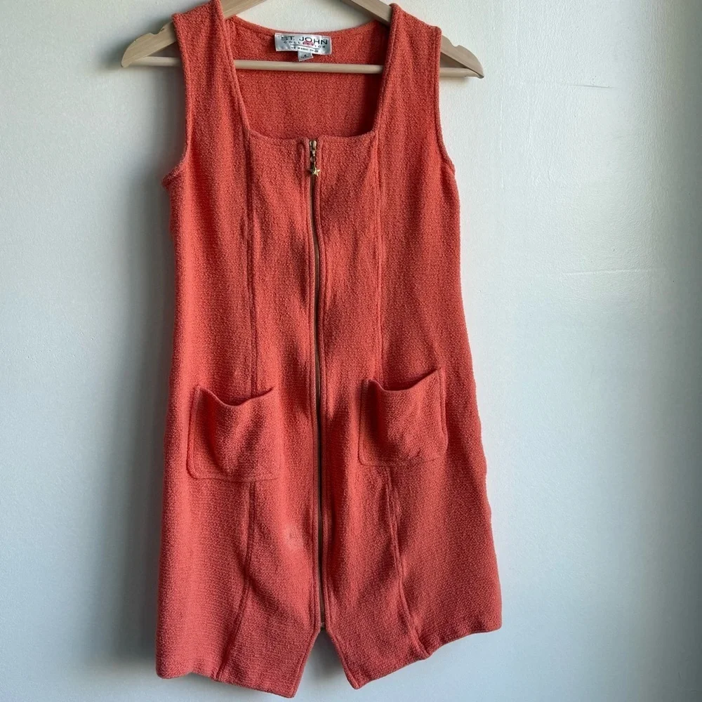 St. John Coral Orange Textured Knit Sleeveless Zip Front Dress with Pockets Sz 4 - Picture 4 of 6